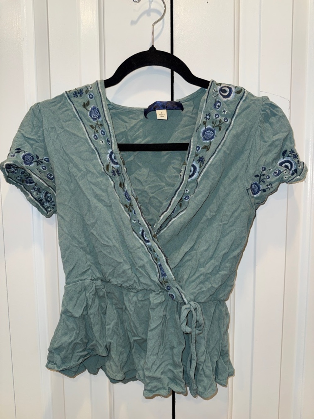 Blue Rain Sage Green Embroidered‎ Wrap Blouse